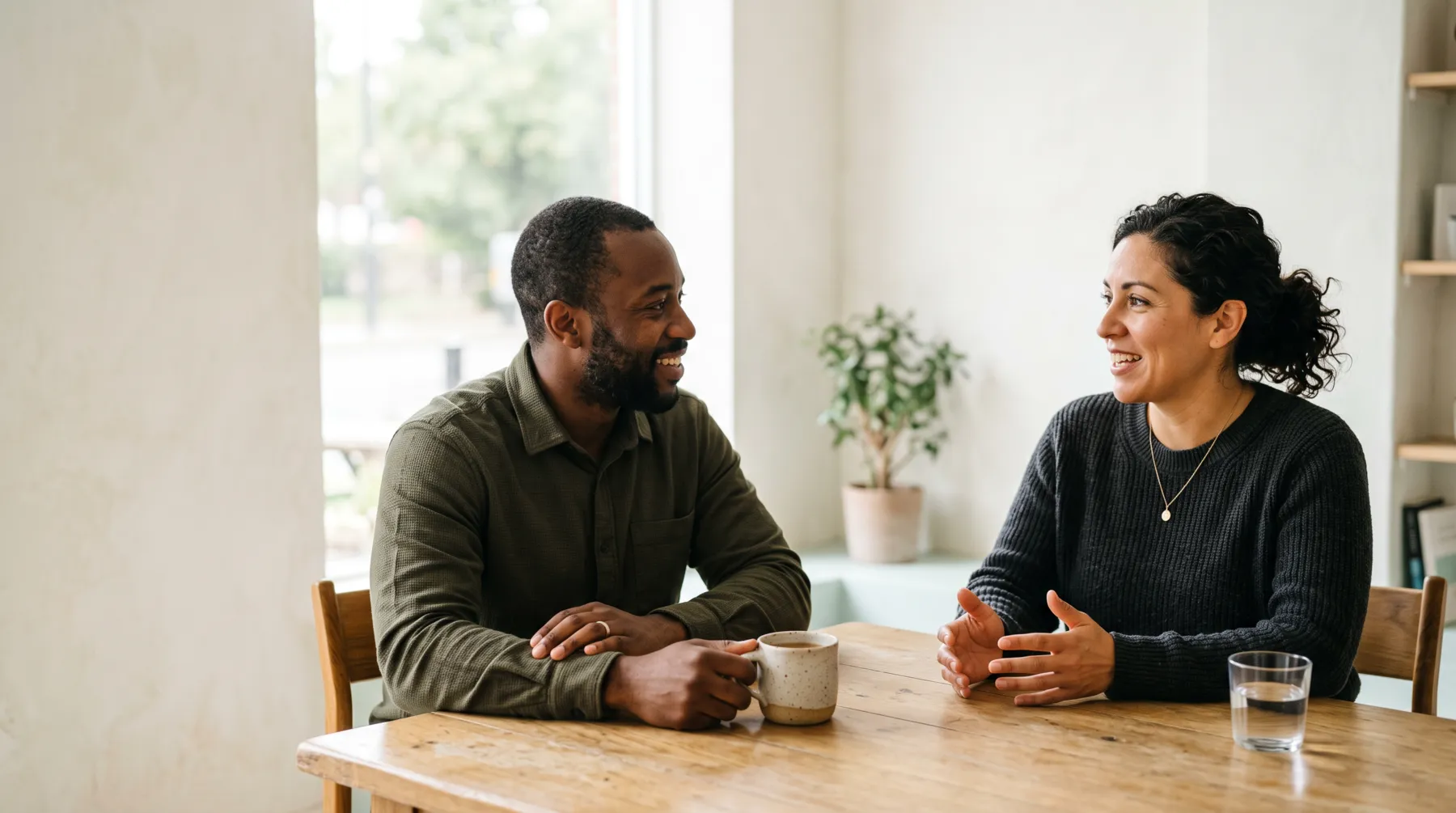 Two people in an unposed business conversation at a wooden table