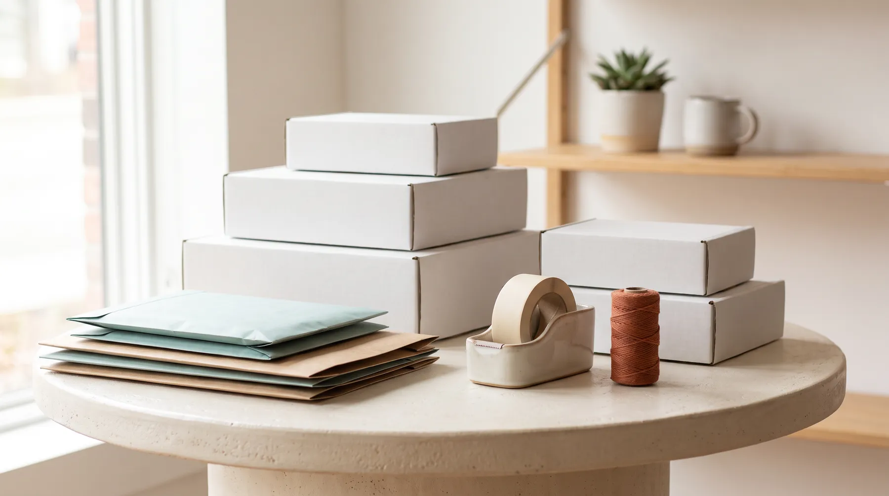 White mailer boxes, teal padded envelope, and rust twine on bright shelving