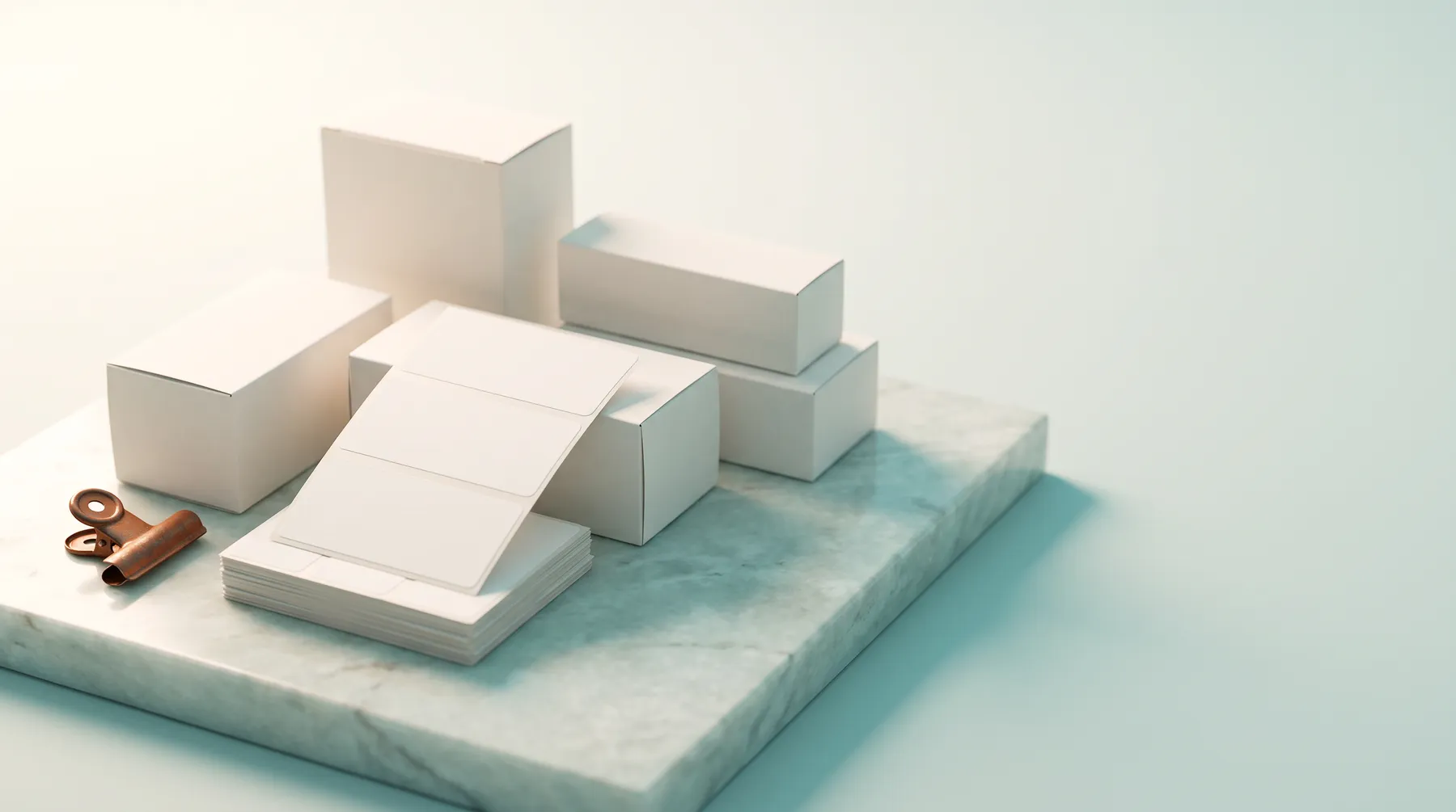 Blank white cartons and an unprinted label roll on marble with a copper clip