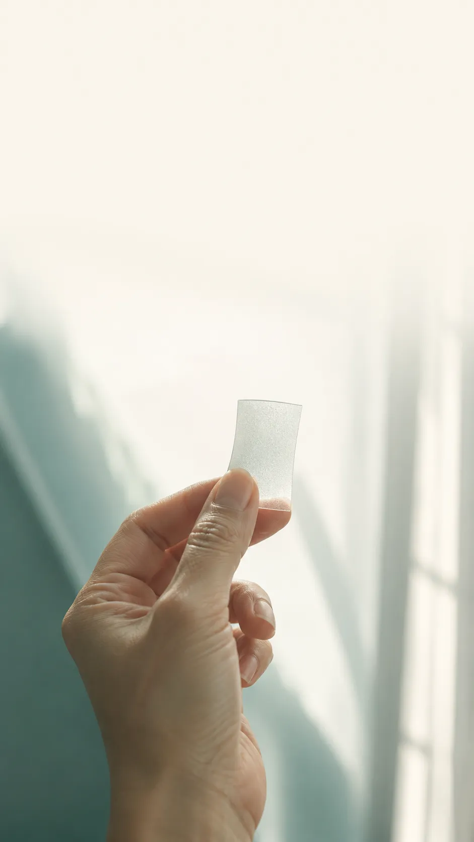 Hand raising a dissolving peptide strip toward soft daylight