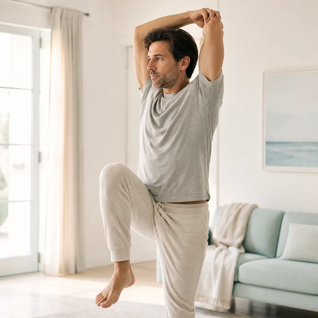 Man stretching in a bright living room, morning light