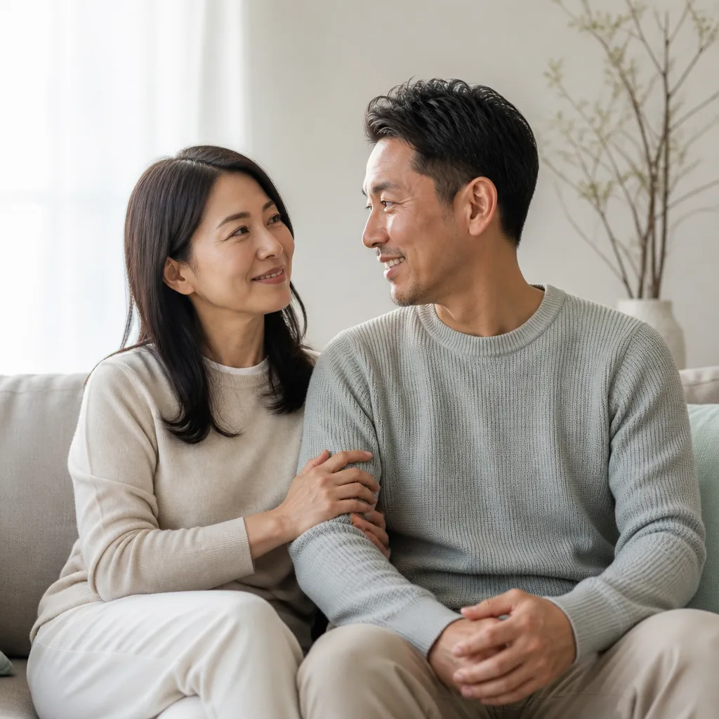 Couple sharing a quiet moment on a pale sofa in soft daylight