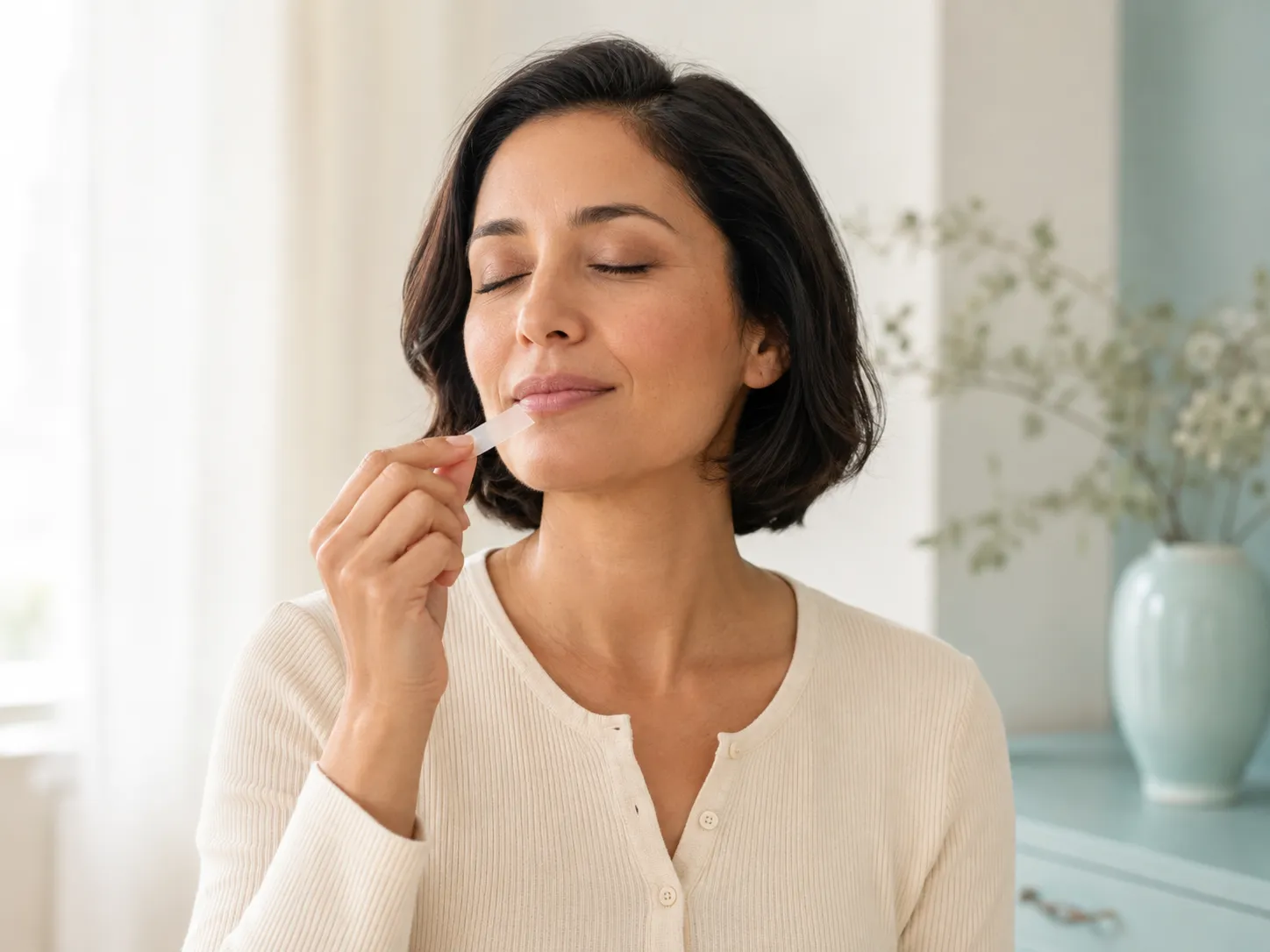A woman calmly placing a dissolving strip under her tongue, eyes closed, soft daylight