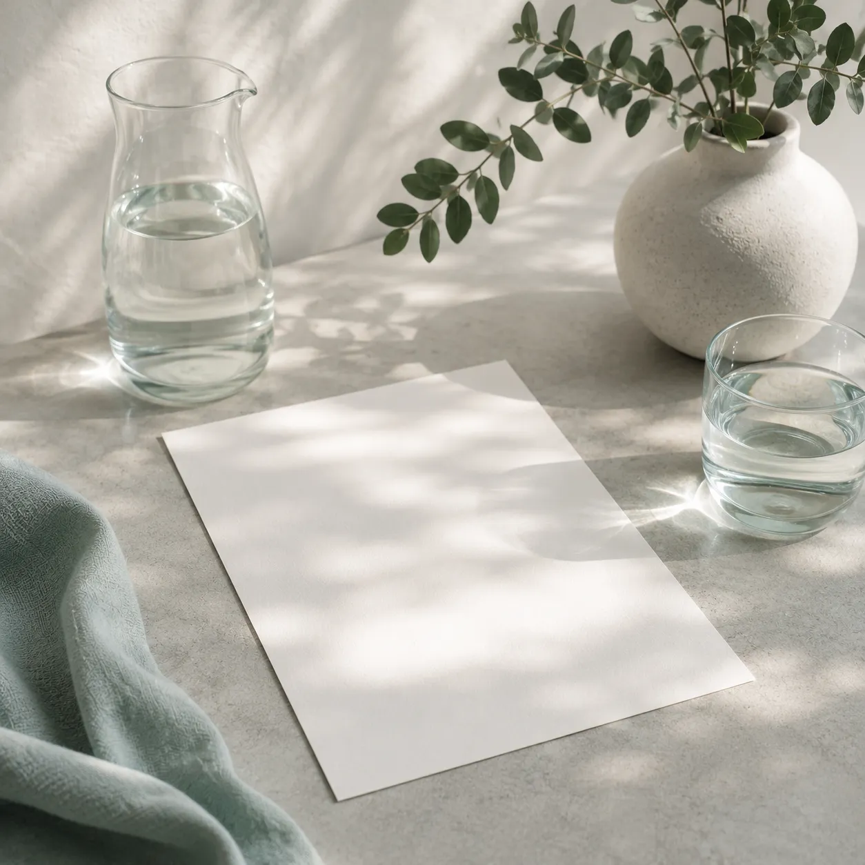 Glassware and a blank document in soft light