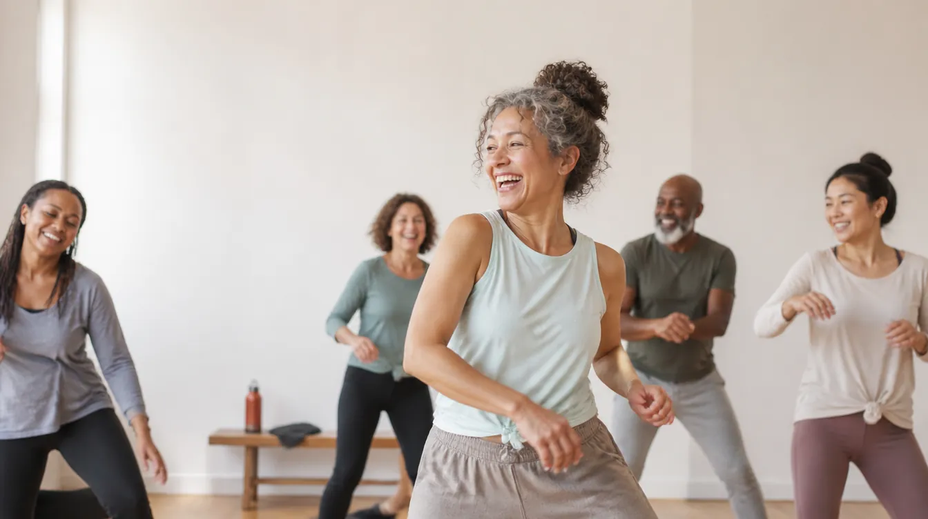 A diverse adult dance class in a bright community studio, five adults in their 30s–60s mid-movement, laughing, sweat and joy, natural realistic skin and bodies of varied shapes