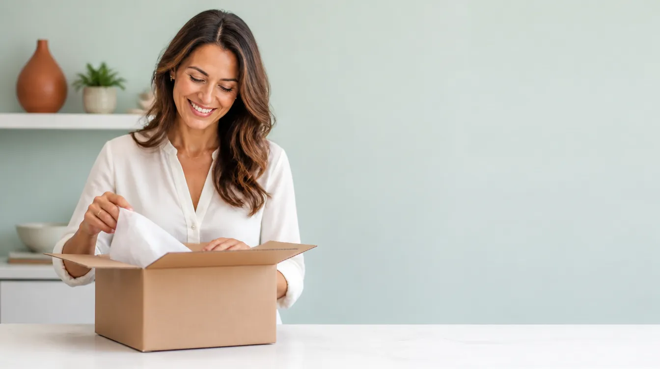 A wellness studio owner in her thirties opening a plain unmarked cardboard shipping box on a bright counter, smiling with genuine anticipation