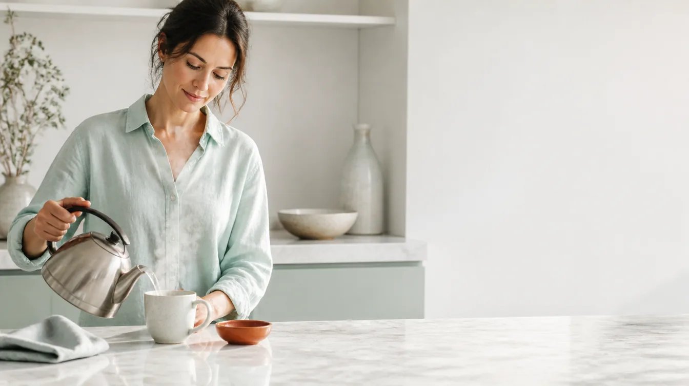 A woman in her 30s in a bright kitchen, kettle steam rising, pouring hot water into a pale ceramic mug at a stone counter, linen shirt in pale mineral teal, easy unhurried morning-routine mood