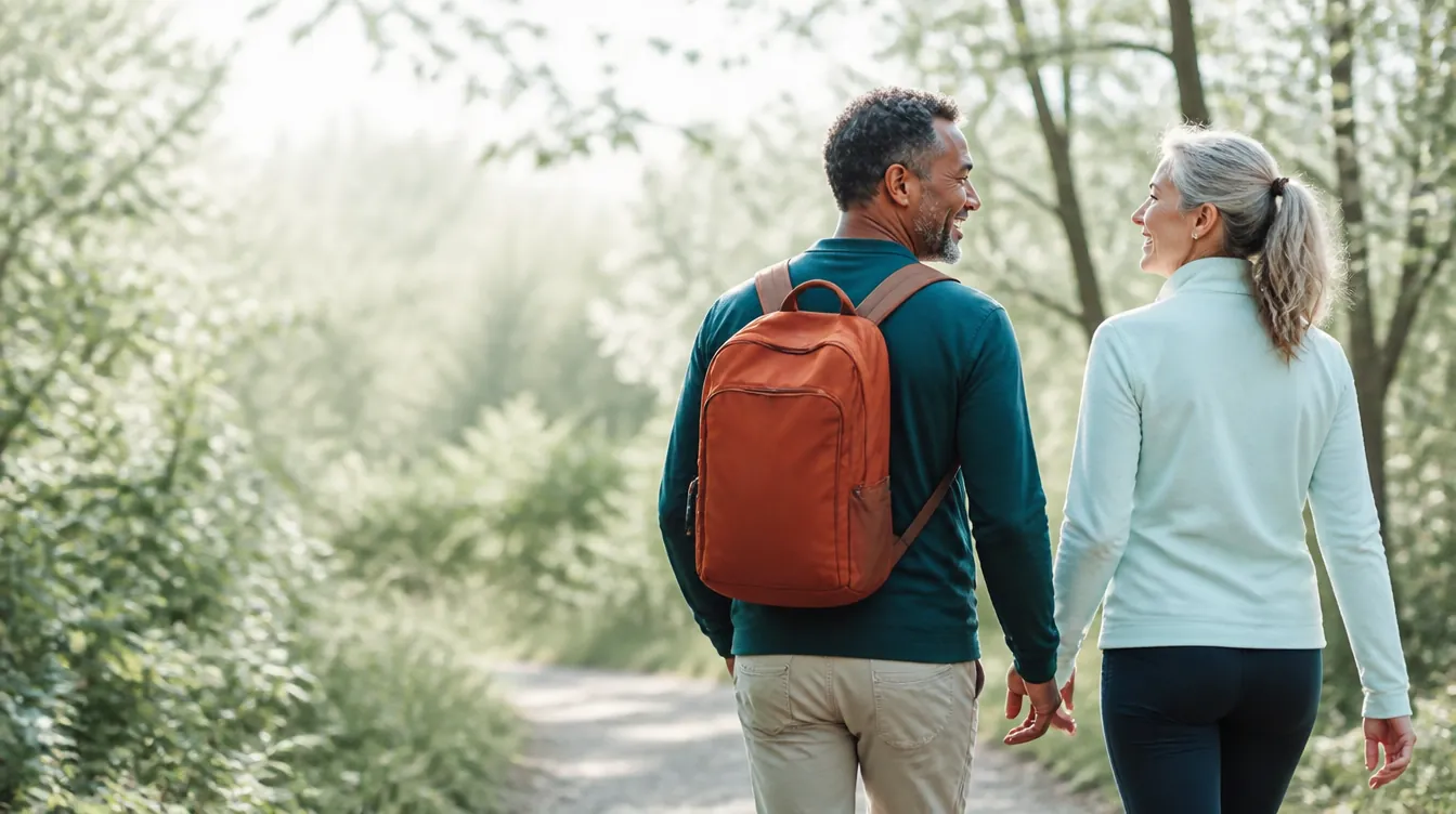 A fit couple in their early 50s hiking a gentle forest trail, photographed from a three-quarter rear angle, walking easily side by side, relaxed strides, natural realistic skin