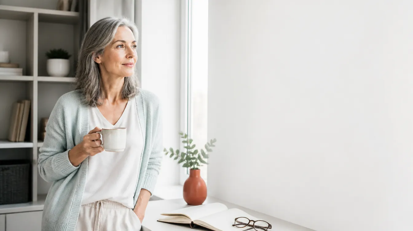 A woman in her late 40s with fair skin and silver-streaked hair, natural realistic skin, calm and confident, standing at a bright home-office window with a ceramic mug