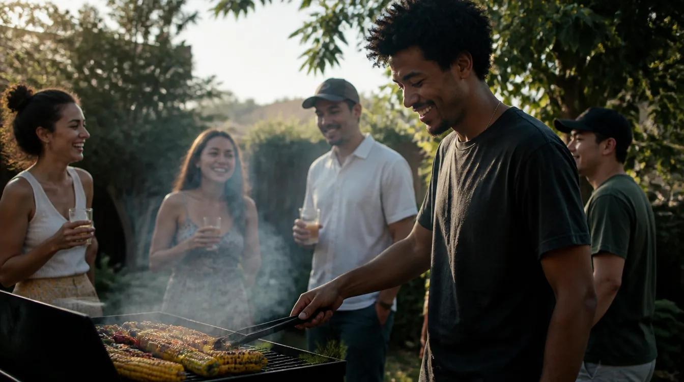 Three friends in their 30s and 40s with natural realistic skin cooking together in a bright open kitchen, one woman laughing while tearing fresh herbs, a man stirring