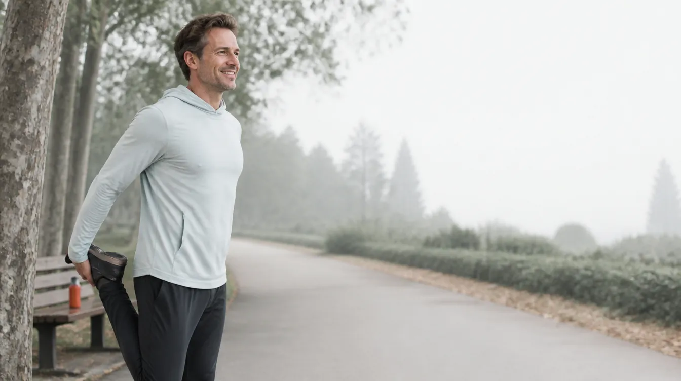 A fit man in his early 40s with a relaxed, confident smile doing a gentle standing quad stretch beside a tree-lined path, natural realistic skin