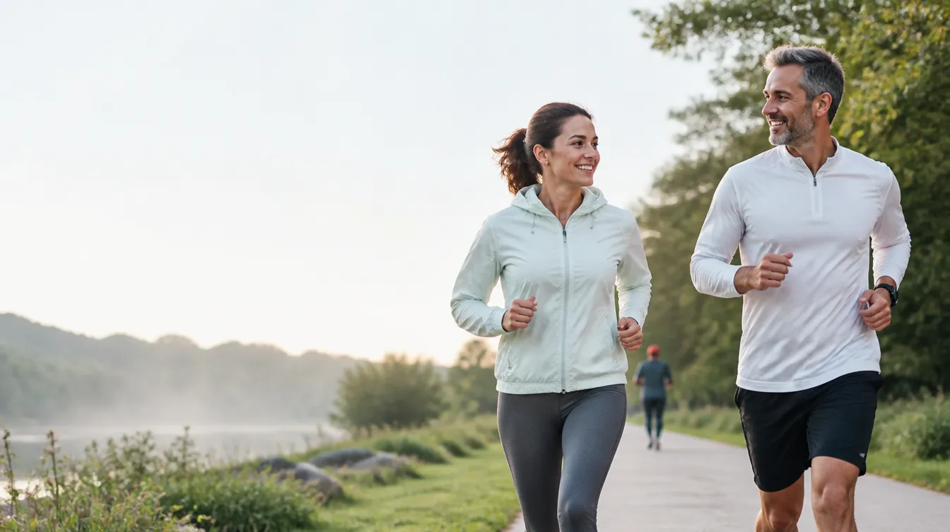Two adult friends — a woman in her 30s and a man in his 40s, natural realistic skin, athletic-casual — jogging side by side on a park path, mid-stride, easy smiles, motion in their legs