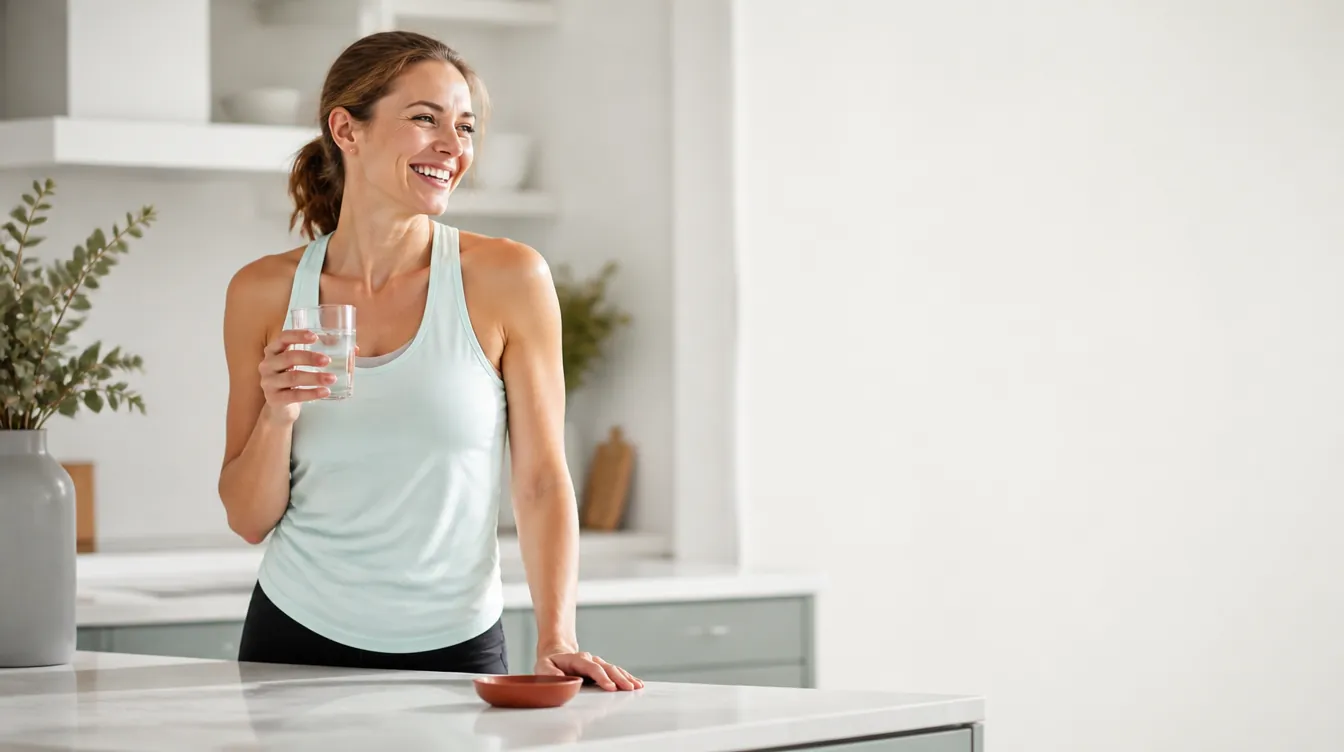 An adult woman in her mid-30s with natural realistic skin, standing at a bright kitchen counter in athletic wear, laughing lightly as she holds a small glass