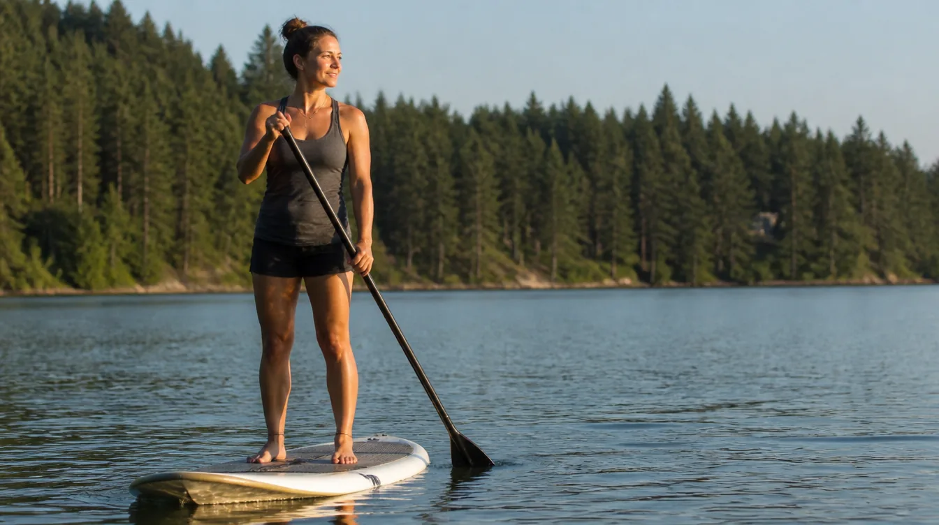A woman in her 30s standing on a paddleboard on a calm lake, mid-paddle, relaxed athletic balance, soft late-afternoon light, shoreline trees in background, no products visible
