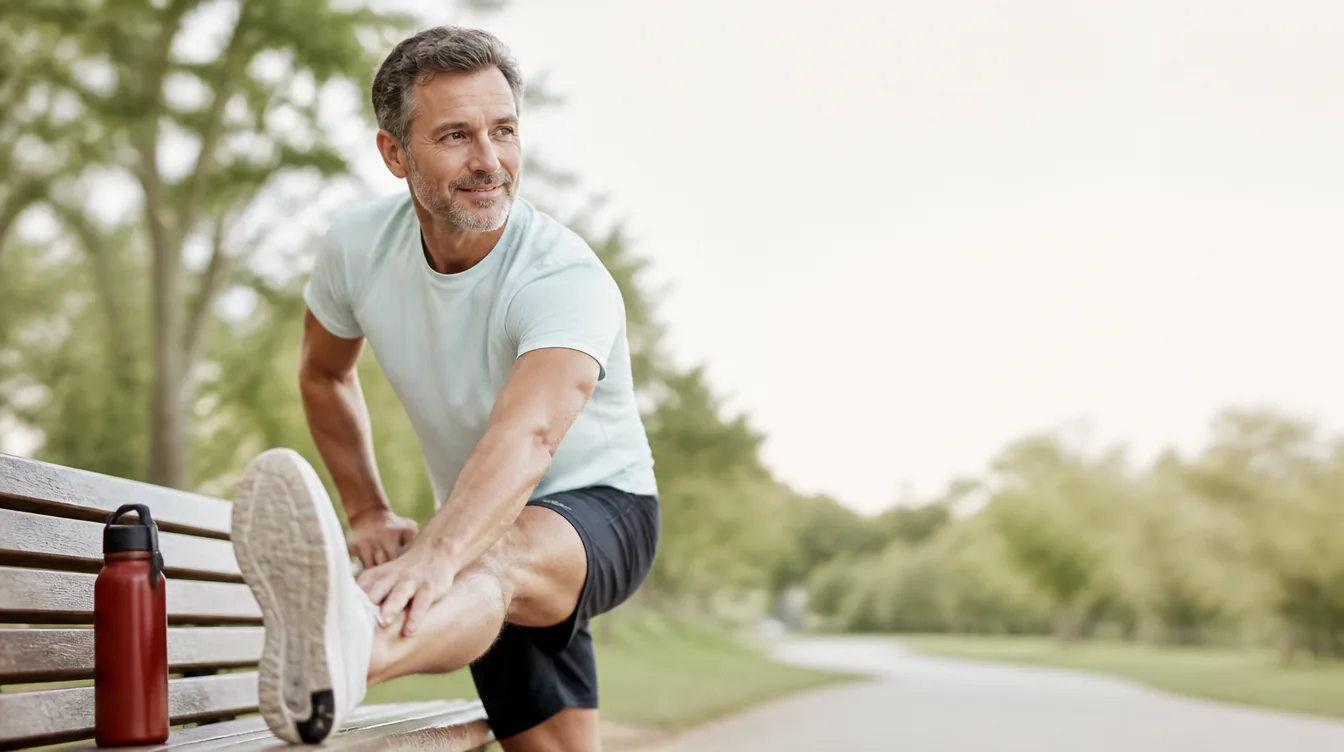 A man in his early 50s with natural realistic skin stretching his leg on a park bench after a morning run, relaxed and energized, slight natural smile, athletic but ordinary build