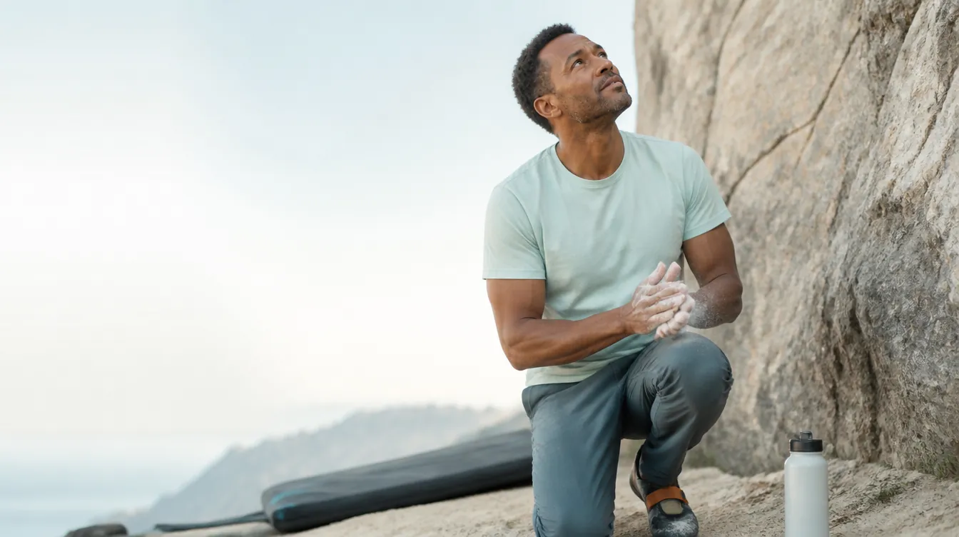 A Black man in his early 40s with short natural hair chalking his hands at the base of an outdoor bouldering wall, looking up at the route with a focused, energized expression