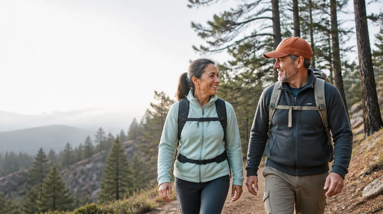 A fit couple in their early 50s hiking side by side along a dirt path through tall pines, mid-stride, laughing naturally, realistic skin texture, unposed