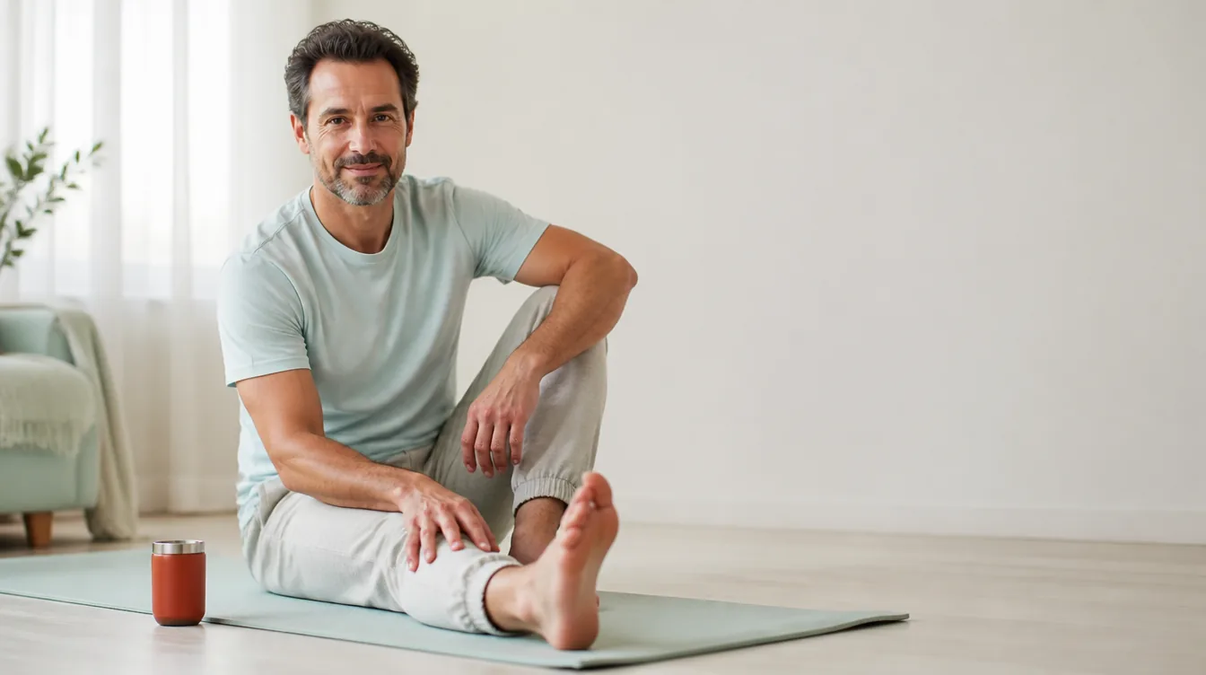 A man in his mid-40s with natural realistic skin sitting relaxed on a living-room yoga mat, stretching one leg comfortably after a light home workout, calm confident half-smile