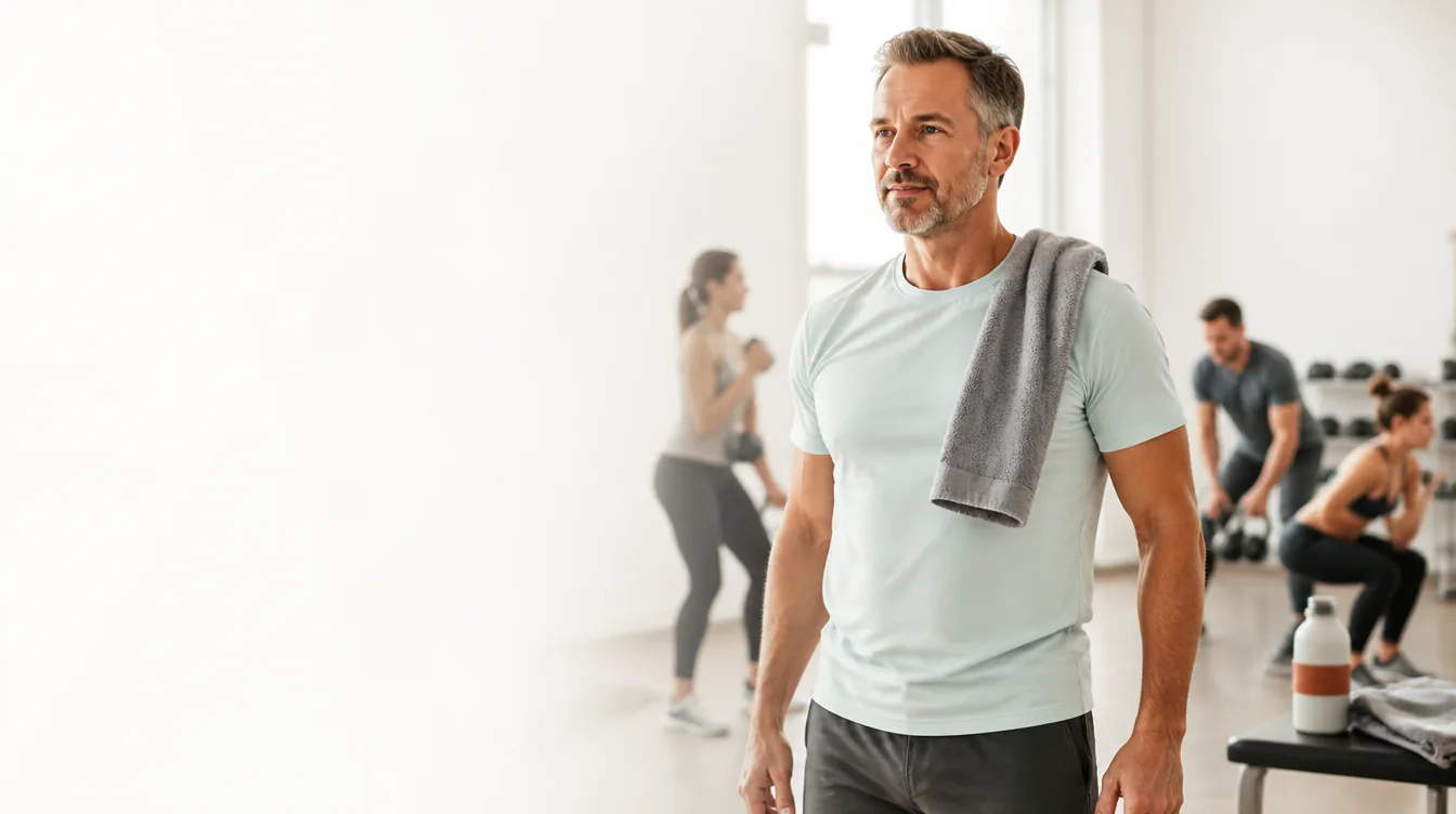A man in his 40s finishing a set of kettlebell swings in a sunlit community gym space, towel over one shoulder, calm focused expression, natural realistic skin