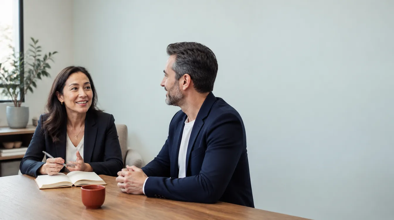 A relaxed consultation conversation in a bright modern office lounge — a clinic owner in a smart casual blazer and an advisor with an open blank notebook seated across a warm oak table