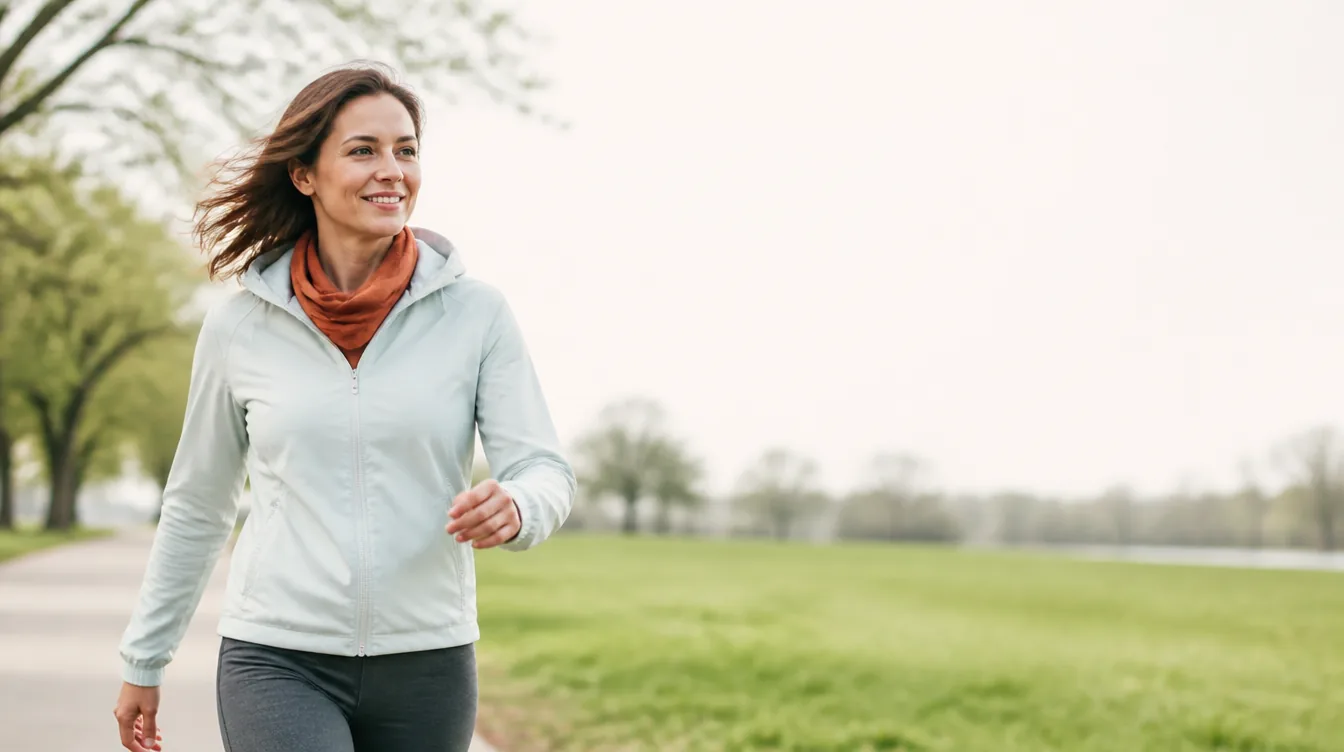 A woman in her mid-30s with natural realistic skin walking briskly along a tree-lined park path, mid-stride with an easy energized posture and a slight natural smile