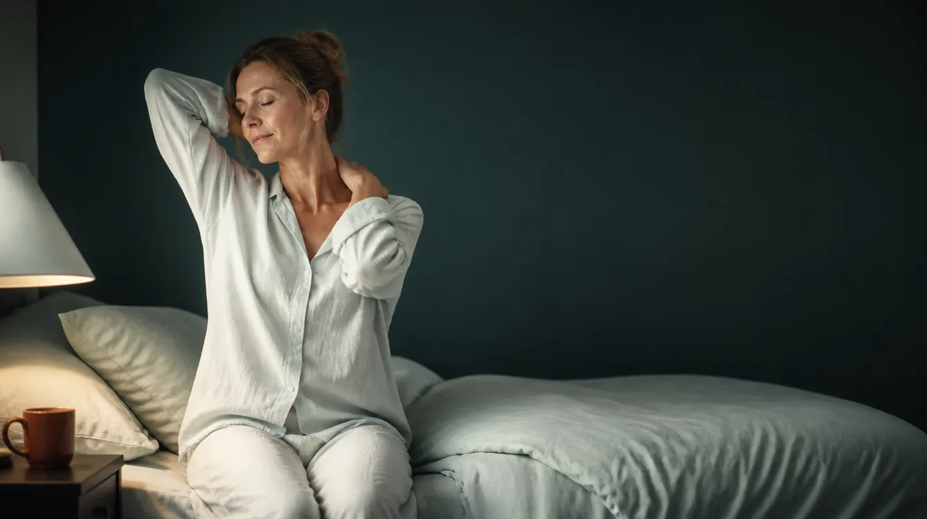 A woman in her mid-40s with natural realistic skin sitting on the edge of her bed in loose sleep clothes, shoulders relaxed, eyes gently closed in a calm wind-down stretch, unposed