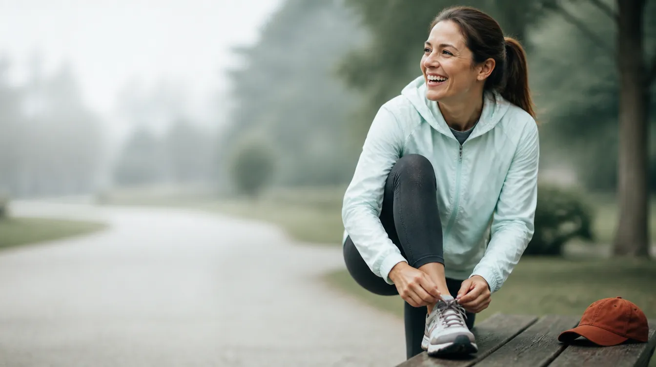 An adult woman in her late 30s tying the laces of her trail-running shoe, one foot up on a wooden park bench, relaxed and unposed, mid-laugh, natural realistic skin