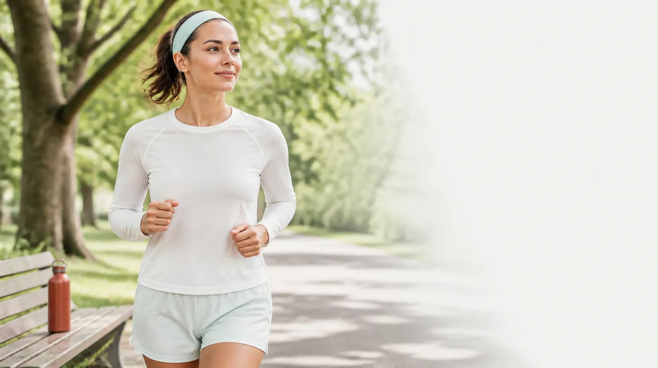 A woman in her early 30s with natural skin jogging at an easy relaxed pace on a tree-lined park path, slight smile, breathable athletic wear in warm near-white with a pale mineral teal headband