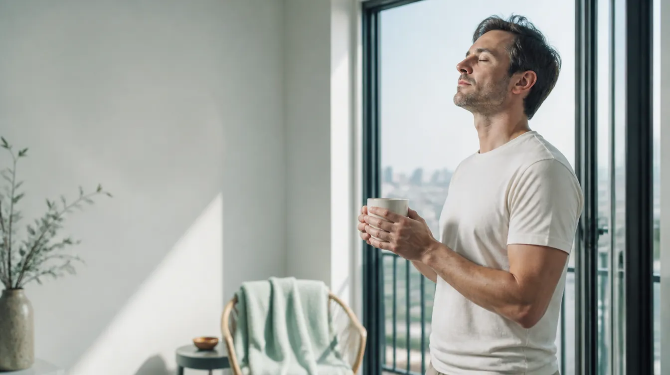 A man in his late 30s with light skin standing at an open balcony door of a bright apartment, holding a plain ceramic mug in both hands, eyes closed, taking a calm energized breath to start