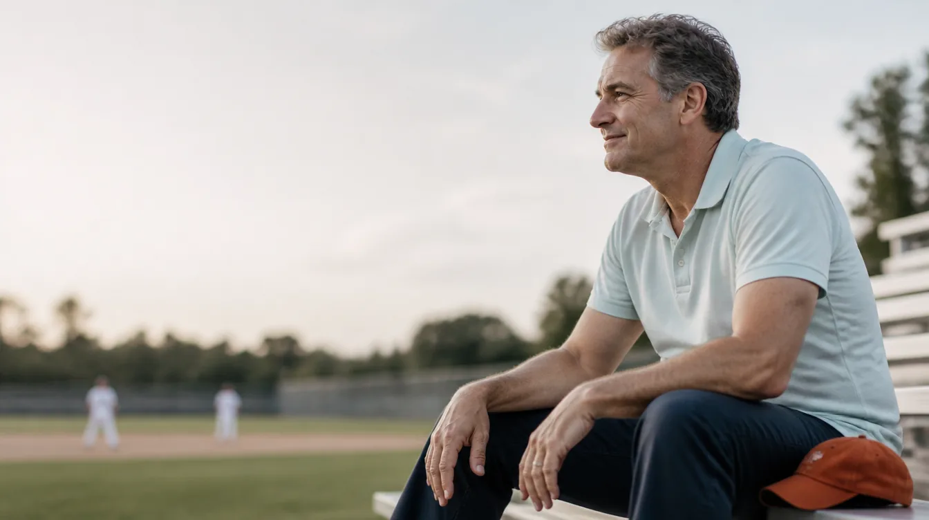 A man in his 50s with natural skin sitting relaxed on park bleachers watching a kids' baseball game, calm content smile, hands resting on his knees, wearing a pale mineral teal polo