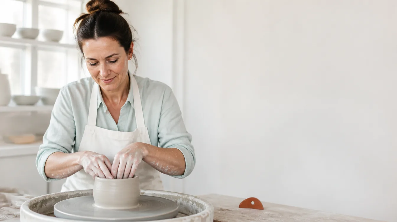 A woman in her late 30s with natural skin throwing clay on a pottery wheel in a bright ceramics studio, focused content expression, hands shaping