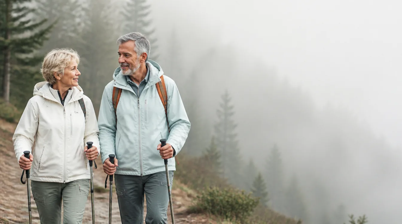 A couple in their late 50s with natural skin hiking side by side on a gentle forest trail, relaxed and talking, walking poles in hand, wearing warm near-white and pale mineral teal light jackets