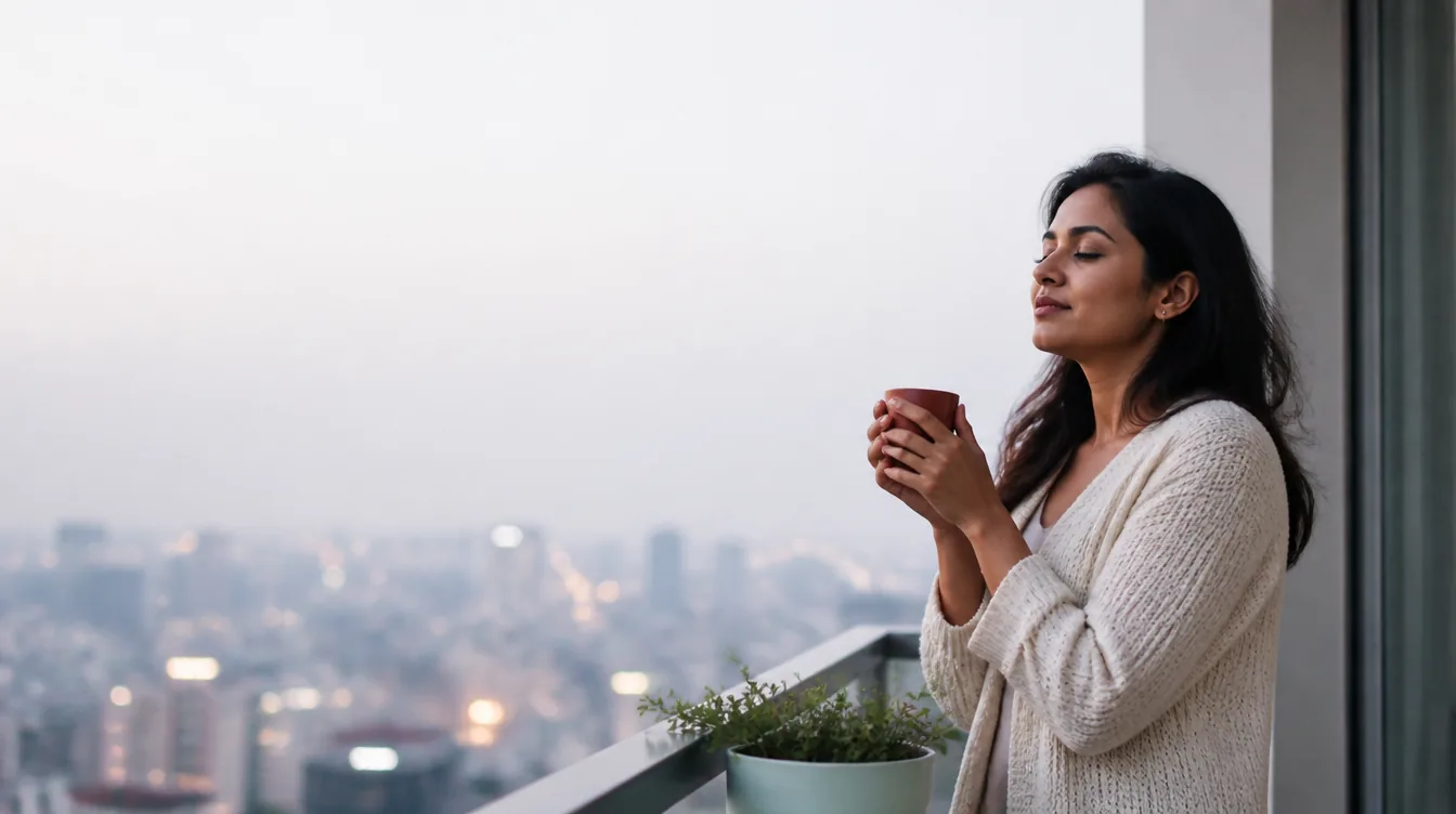 A South Asian woman in her 30s standing at the balcony railing with a warm mug cradled in both hands, eyes half closed, calm wind-down expression, natural realistic skin texture, unposed