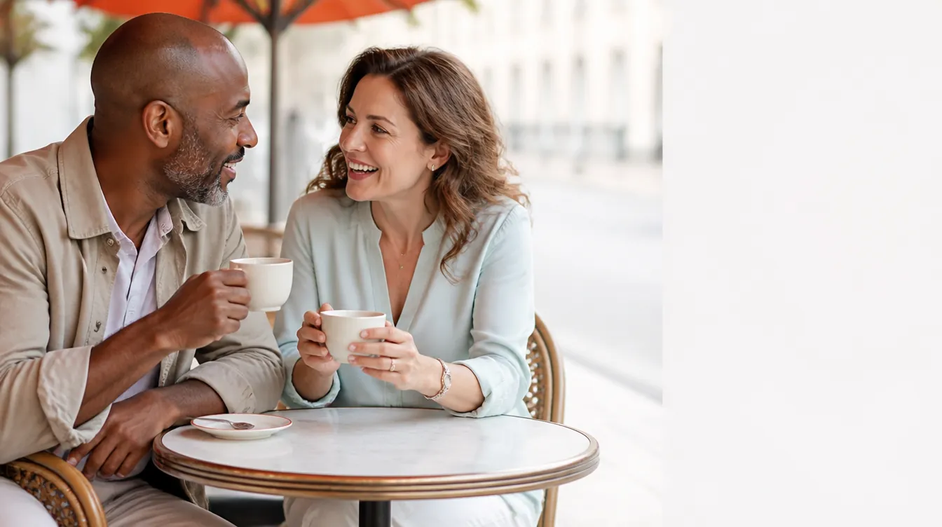 Two friends in their 40s — a Black man and a white woman — leaning over a small round café table in animated conversation, coffee cups in hand, engaged and upbeat expressions, natural realistic skin