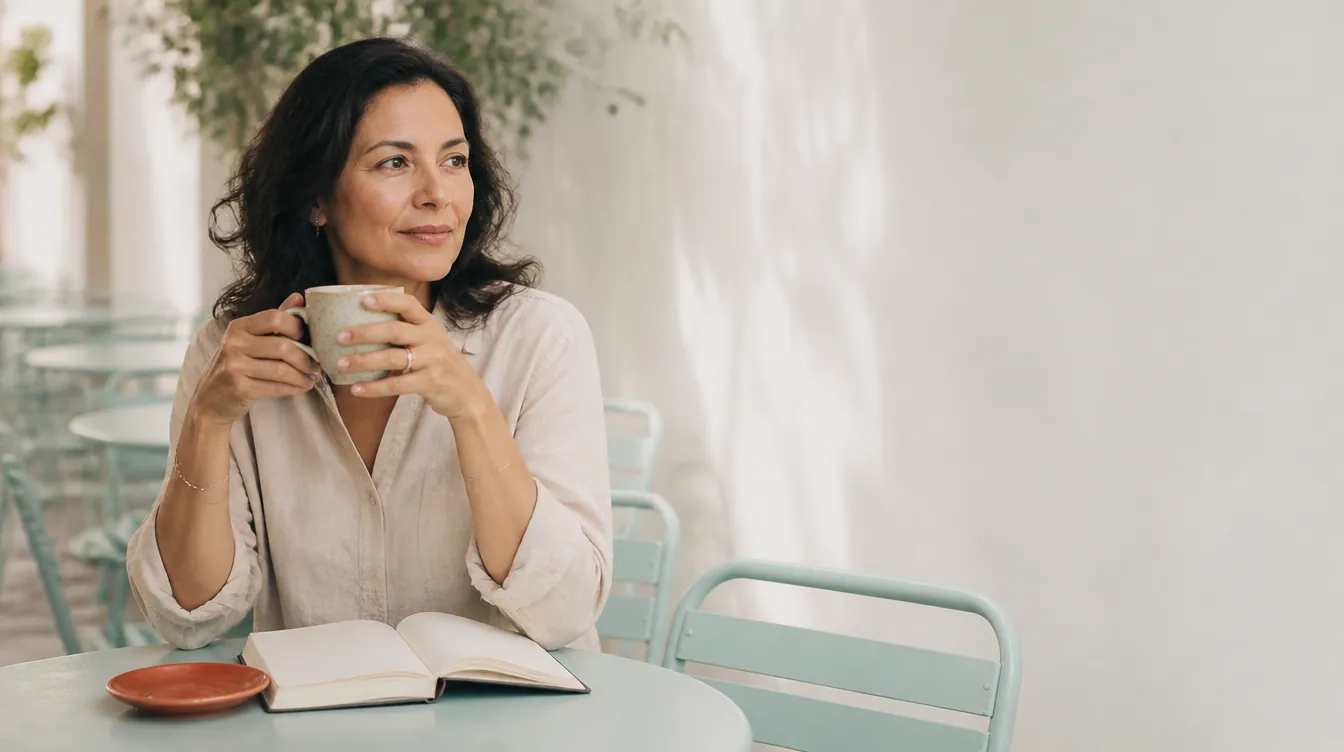 A woman in her 40s at a café terrace, sipping from a ceramic cup with a relaxed, thoughtful expression