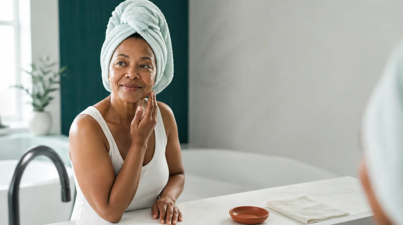 A woman in her mid-40s with deep skin tone and natural realistic skin texture standing at a sunlit bathroom counter