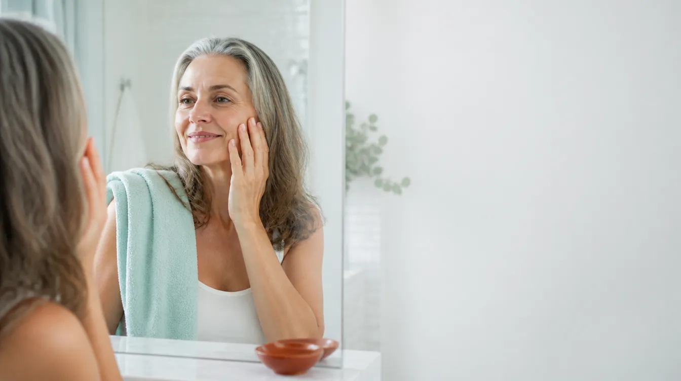A woman in her early 50s with natural silver-streaked hair smiling gently at her reflection while smoothing moisturizer into her cheek in a bright, calm bathroom, relaxed
