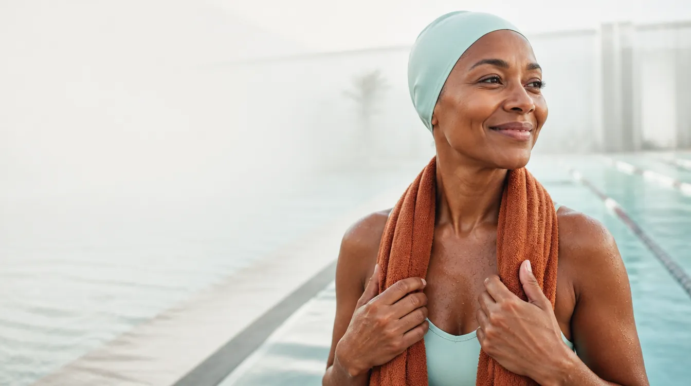 A Black woman in her early 40s with natural realistic skin standing at the pool's edge with a towel draped over her shoulders, water droplets on her arms, a relaxed post-swim glow and