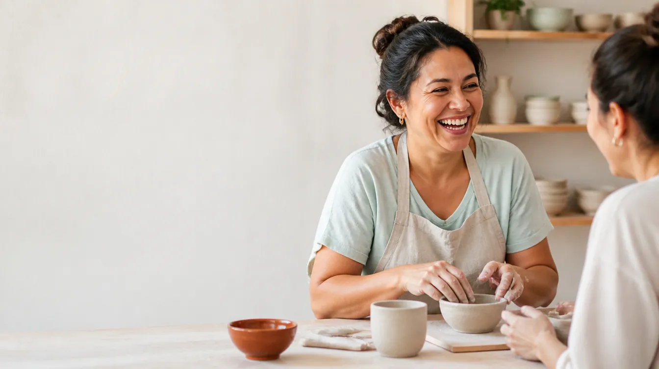 A Latina woman in her late 30s laughing with a friend at an outdoor pottery studio table, hands gently shaping clay, natural realistic skin texture, unposed