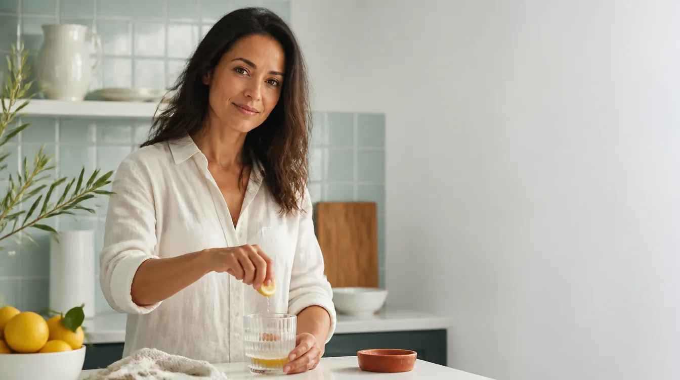 A woman in her mid-30s with warm tan skin standing at a sunlit kitchen counter squeezing fresh citrus into a glass of water, calm