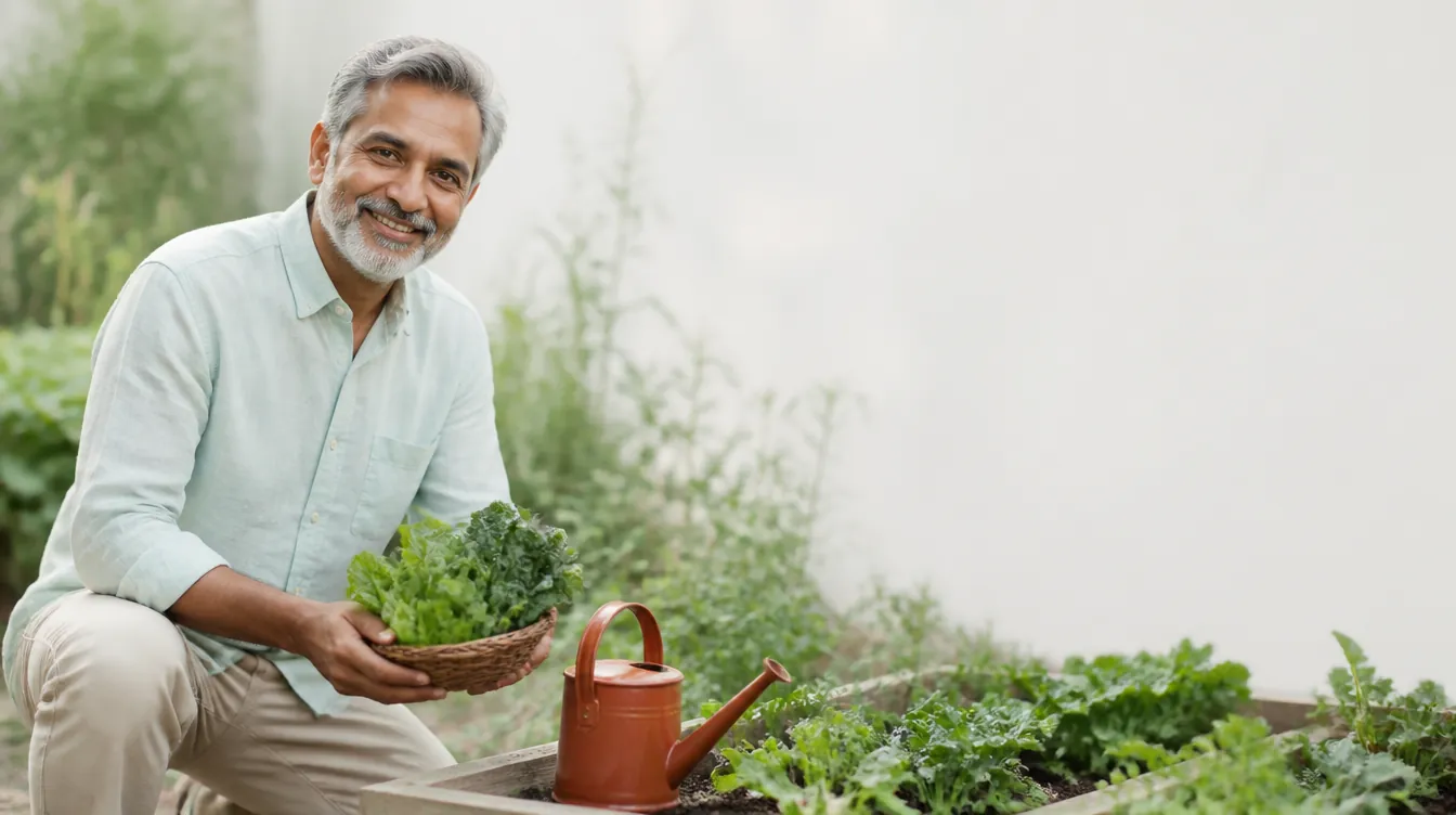 A South Asian man in his mid-50s with natural realistic skin kneeling beside a garden bed, holding a small basket of just-picked leafy greens, smiling with relaxed morning energy —