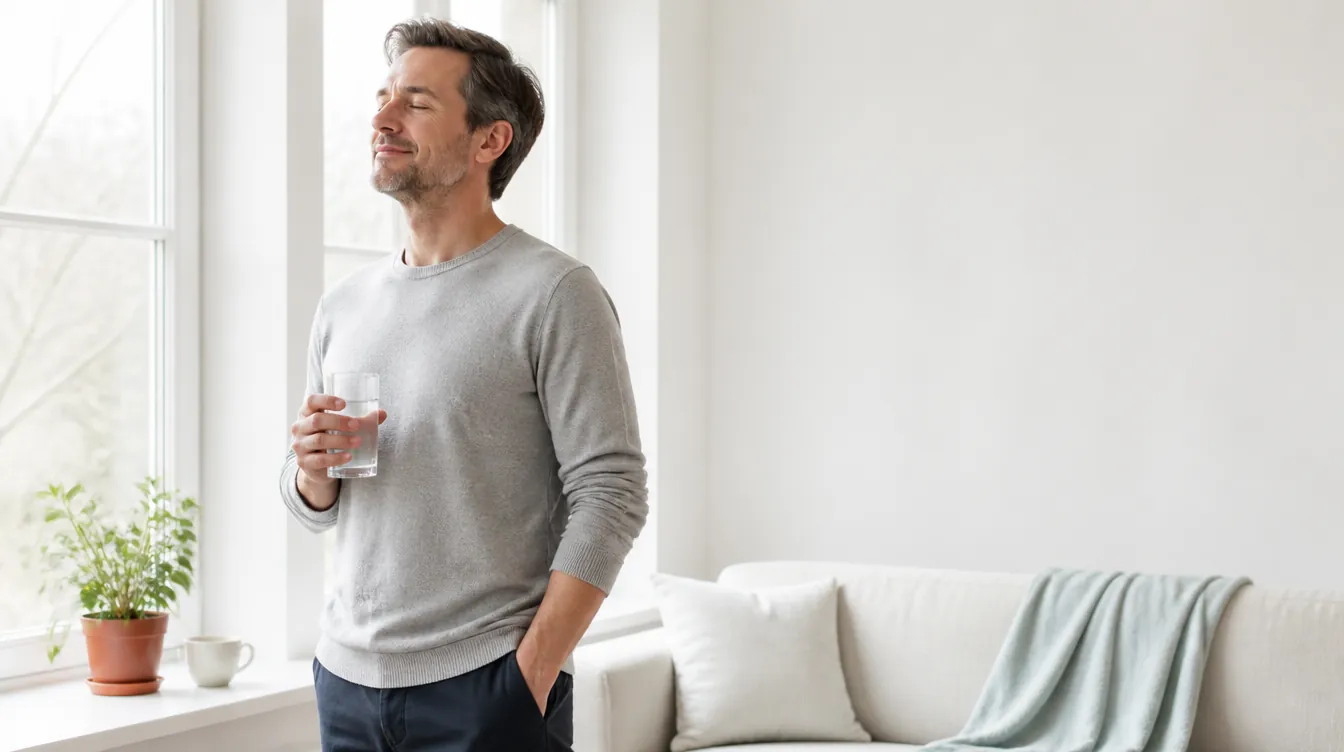A man in his early 40s with natural skin standing in a calm living room, pausing for a quiet minute with eyes gently closed and a small peaceful smile — the daily ritual moment
