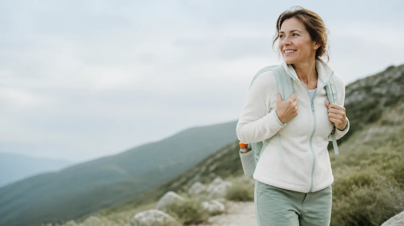 A woman in her early 50s with natural realistic skin hiking up a gentle hill trail, mid-step, energetic and smiling, wearing a warm near-white fleece with a pale mineral teal daypack
