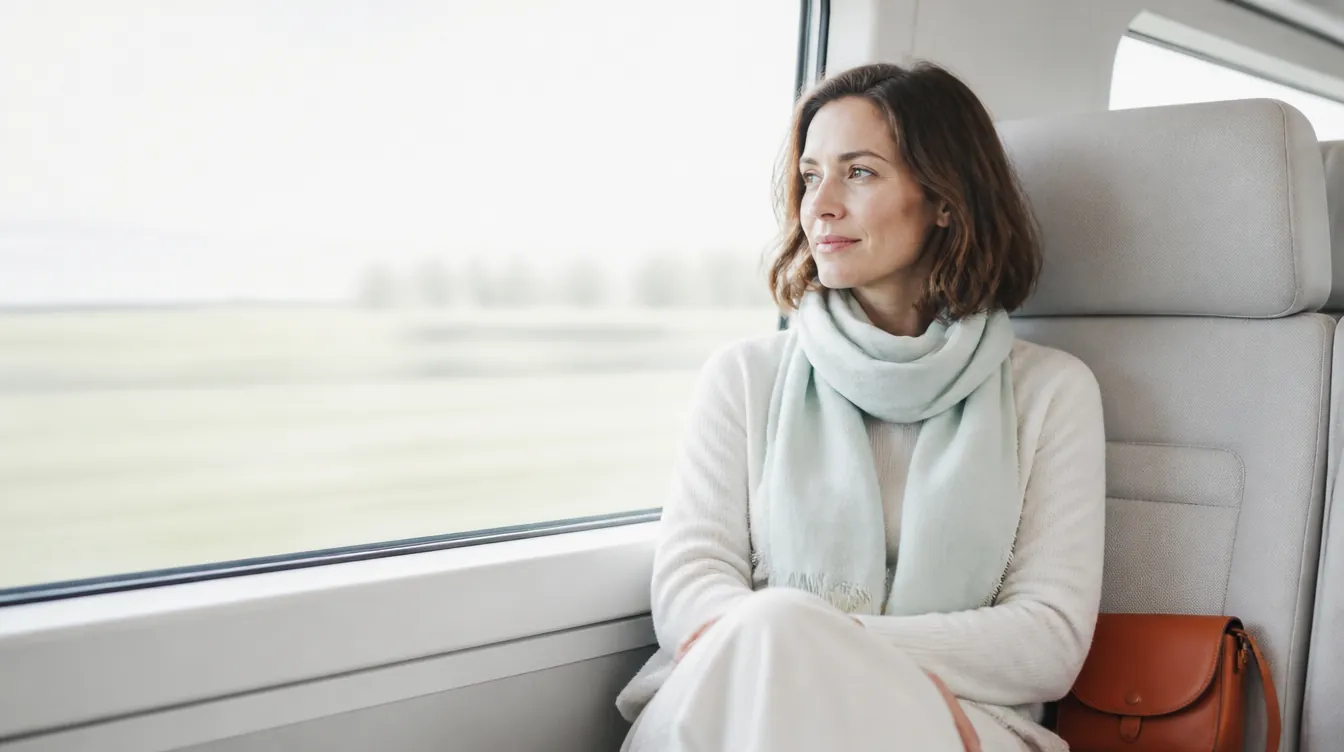 A woman in her 30s with natural realistic skin seated by the window of a modern train, calm and at ease, soft landscape motion blur streaming past outside