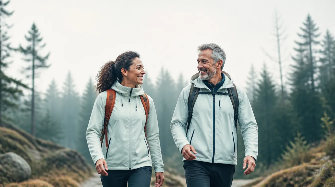 An adult couple in their early 50s, diverse natural skin tones, hiking side by side on a soft-focus forest trail, both mid-stride and smiling at each other, unposed, everyday athletic builds
