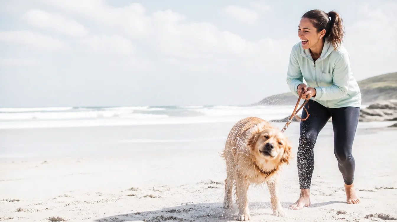 A woman in her 30s with natural realistic skin laughing while playing with her golden retriever at a dog beach, dog mid-shake with spray, both in joyful motion