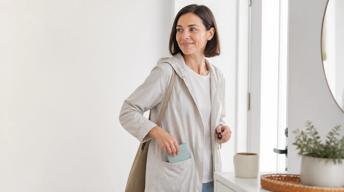A woman in her early 40s with natural skin and a relaxed smile standing at a bright apartment entryway, keys in one hand
