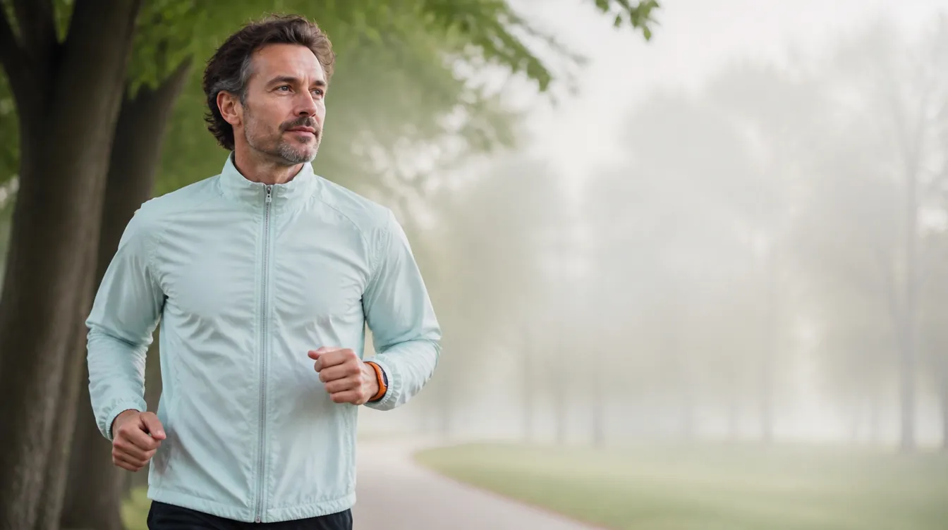 A man in his early 40s with natural realistic skin jogging on a tree-lined park path, mid-stride, relaxed confident expression, wearing a pale mineral teal lightweight running jacket