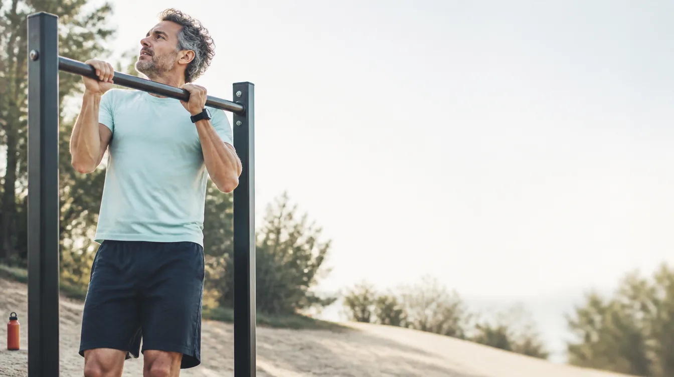 A man in his mid-40s with natural realistic skin doing pull-ups on an outdoor park fitness bar, mid-motion, strong but natural build, wearing a pale mineral teal t-shirt, trees softly blurred behind
