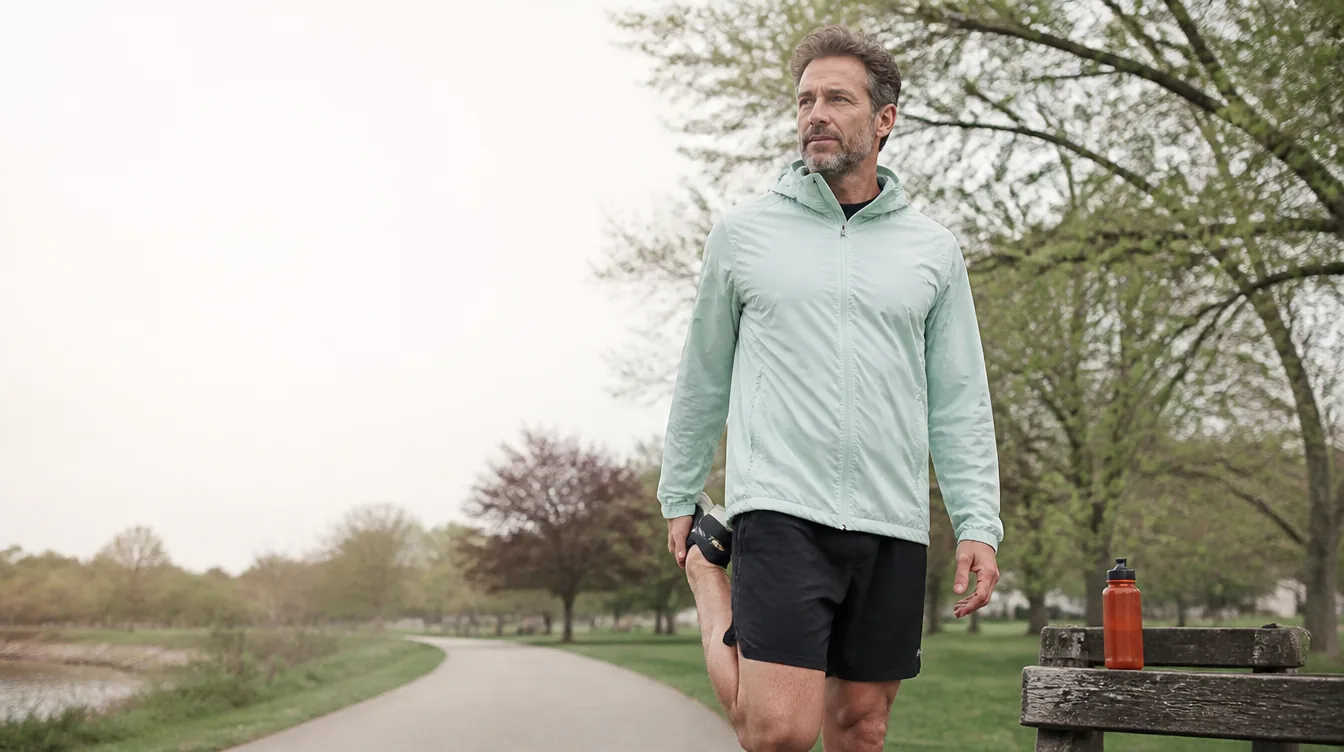 A man in his early 40s with natural realistic skin stretching his quad on a park path after a run, mid-motion and relaxed, wearing a pale mineral teal lightweight running jacket